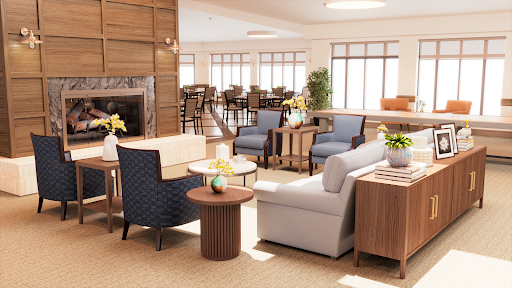 A modern and inviting living room area featuring comfortable seating and a warm ambiance.