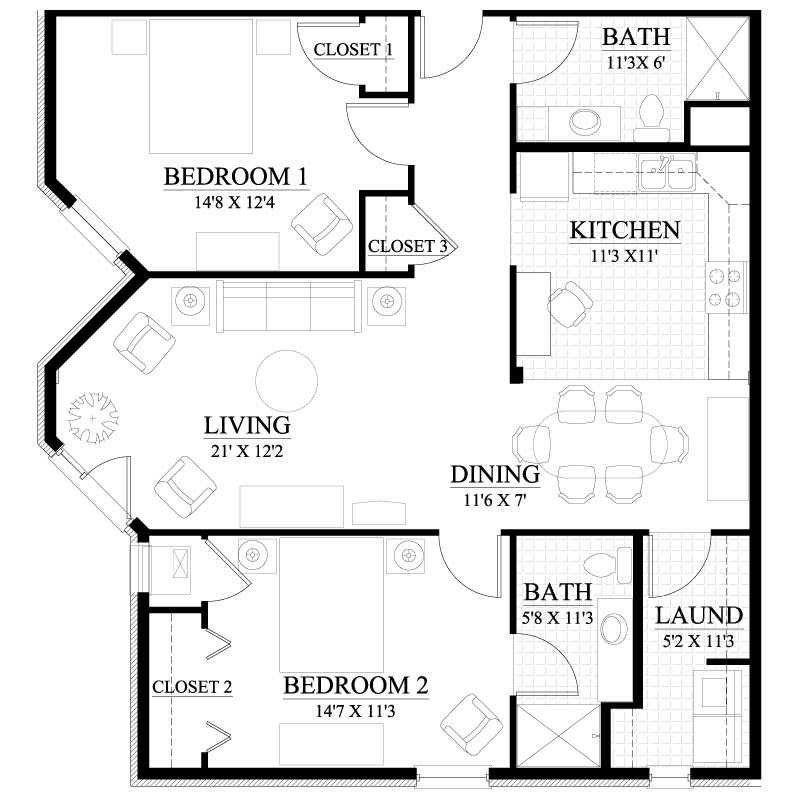 Floor plan of a two-bedroom apartment featuring a living room, kitchen, dining area, two bathrooms, and a laundry room.