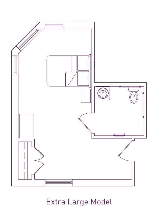 A simple floor plan of an apartment layout showing room divisions and fixtures.