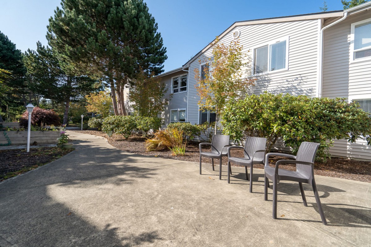 A peaceful outdoor area with chairs along a pathway next to a building surrounded by trees and greenery.