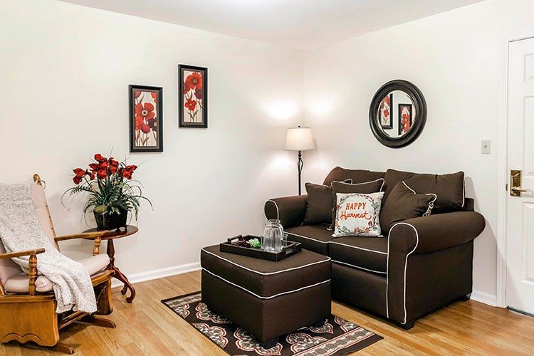 A cozy living room with a brown sofa, matching ottoman, and elegant decor.