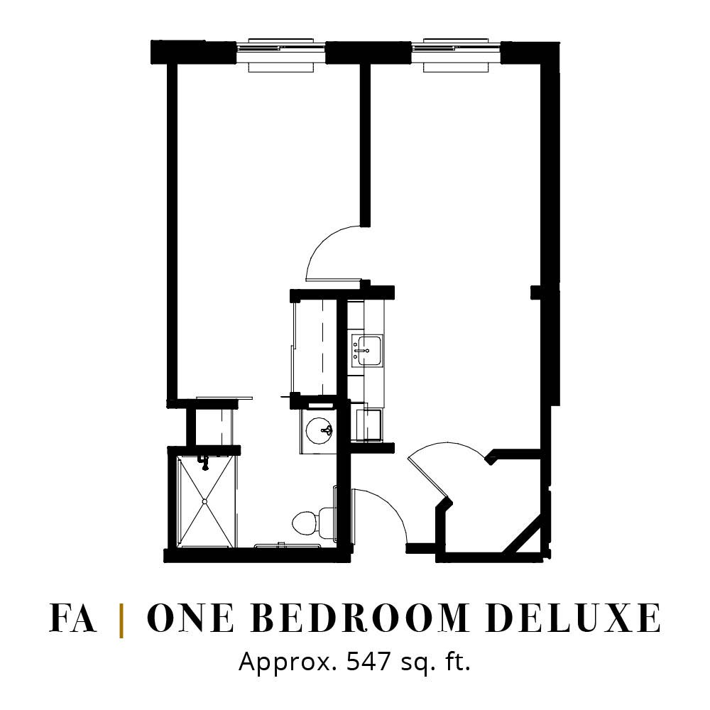 Floor plan for a One Bedroom Deluxe apartment, approximately 547 sq. ft.