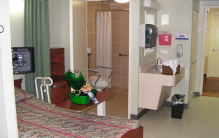 Hospital room with bed and bathroom facilities.
