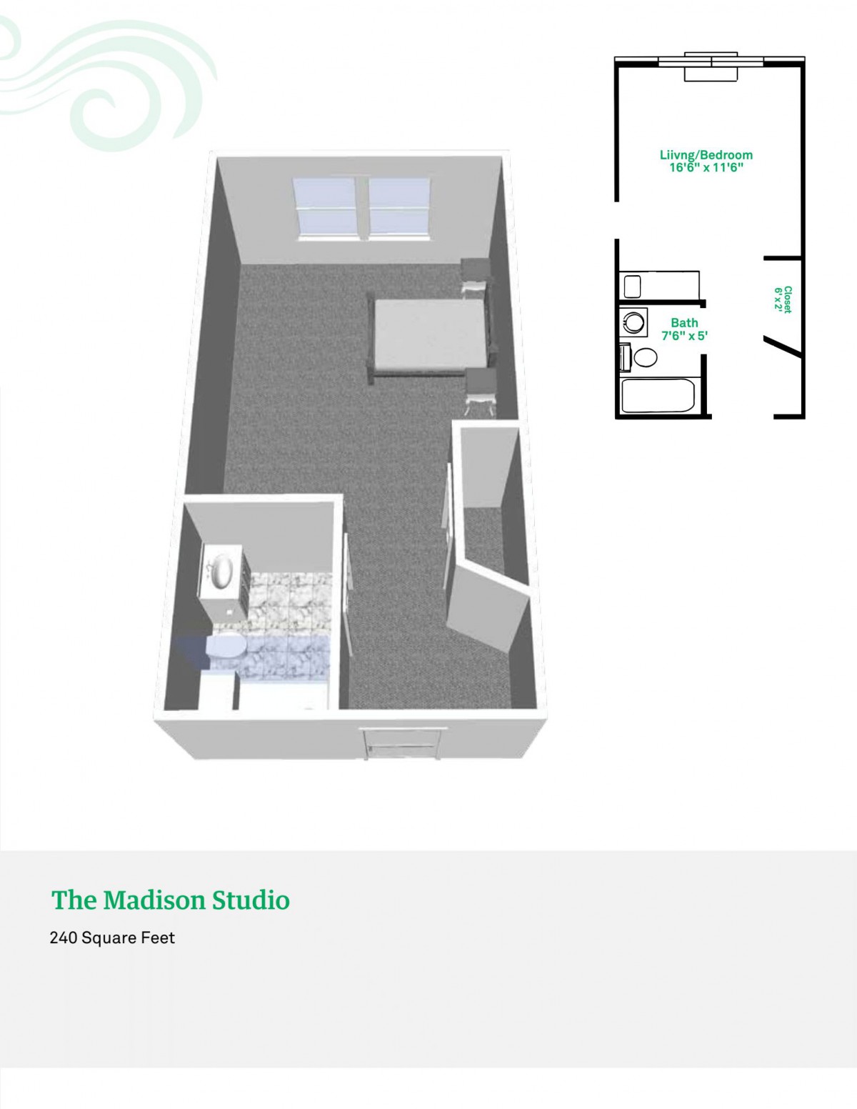 3D floor plan of a modern studio apartment featuring a compact living area with essential amenities.