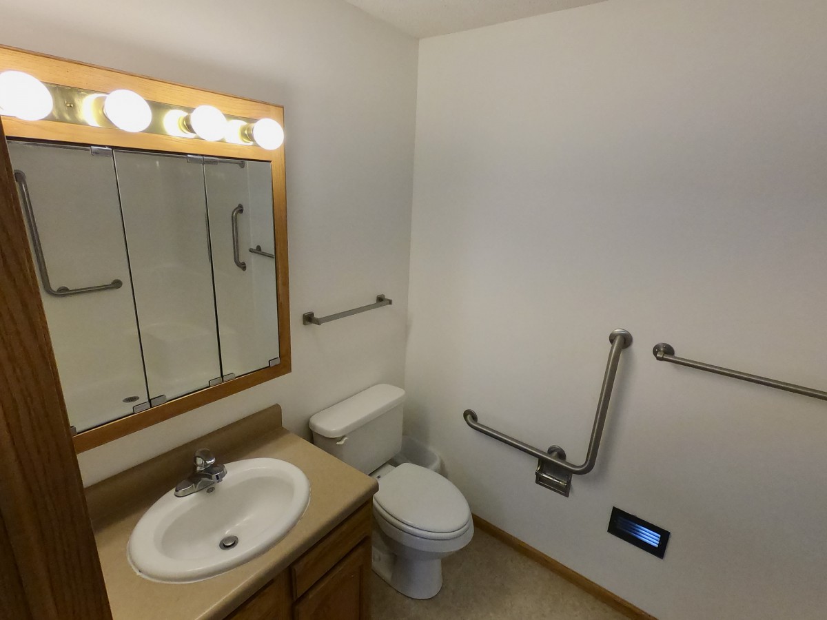 A small accessible bathroom with a sink, mirror, and grab bars around the toilet.