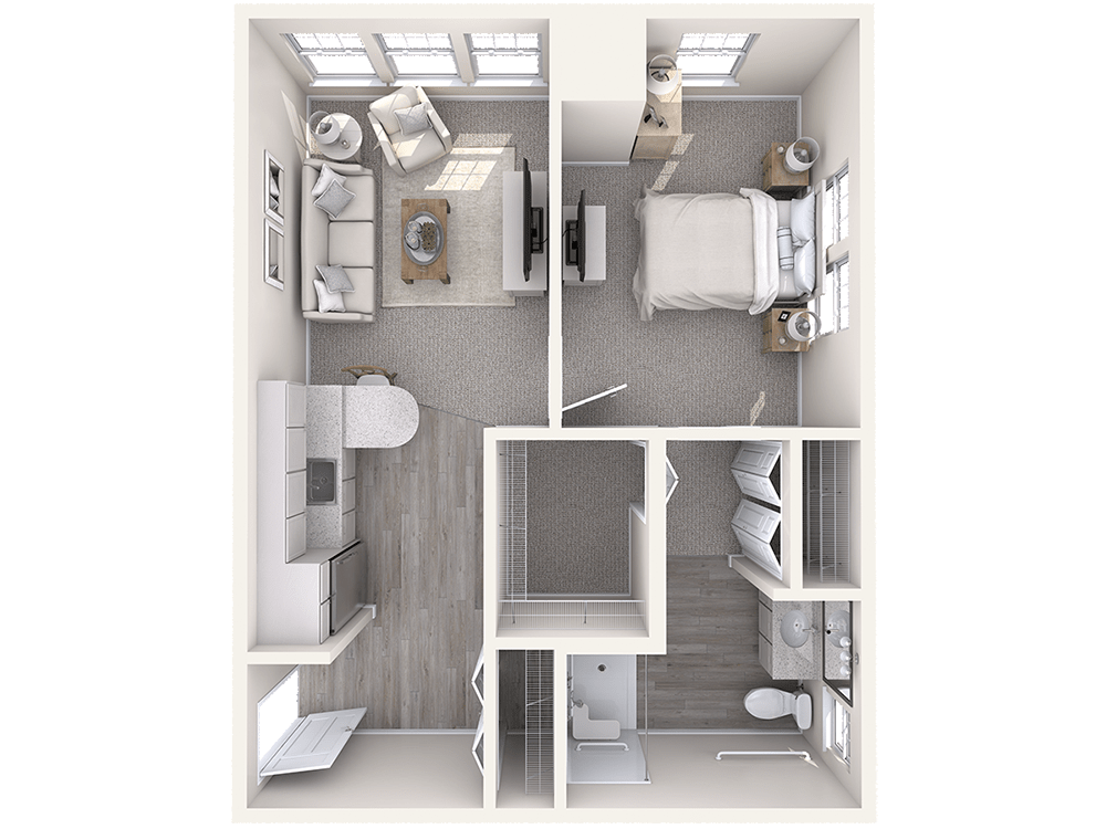A 3D floor plan of a modern apartment featuring a kitchen, living room, bedroom, and bathroom.