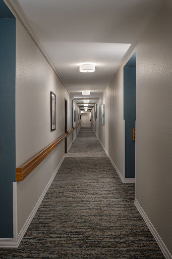 A well-lit, spacious hallway featuring carpeted floors and doors on either side.