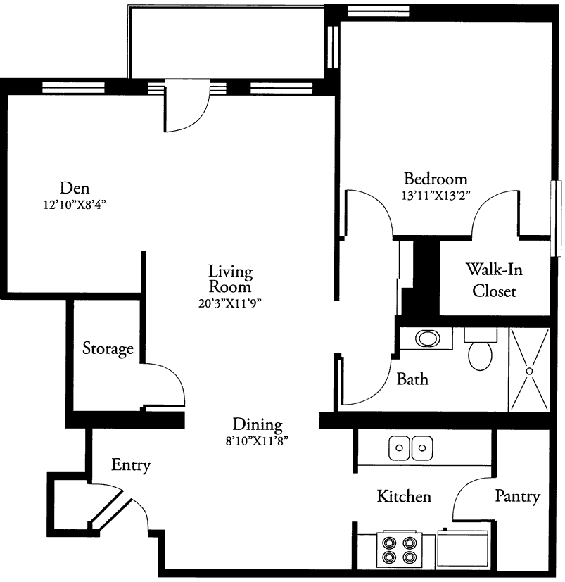 This is a floor plan of a one-bedroom apartment with a den, featuring a living room, dining area, kitchen, bathroom, walk-in closet, and storage space.