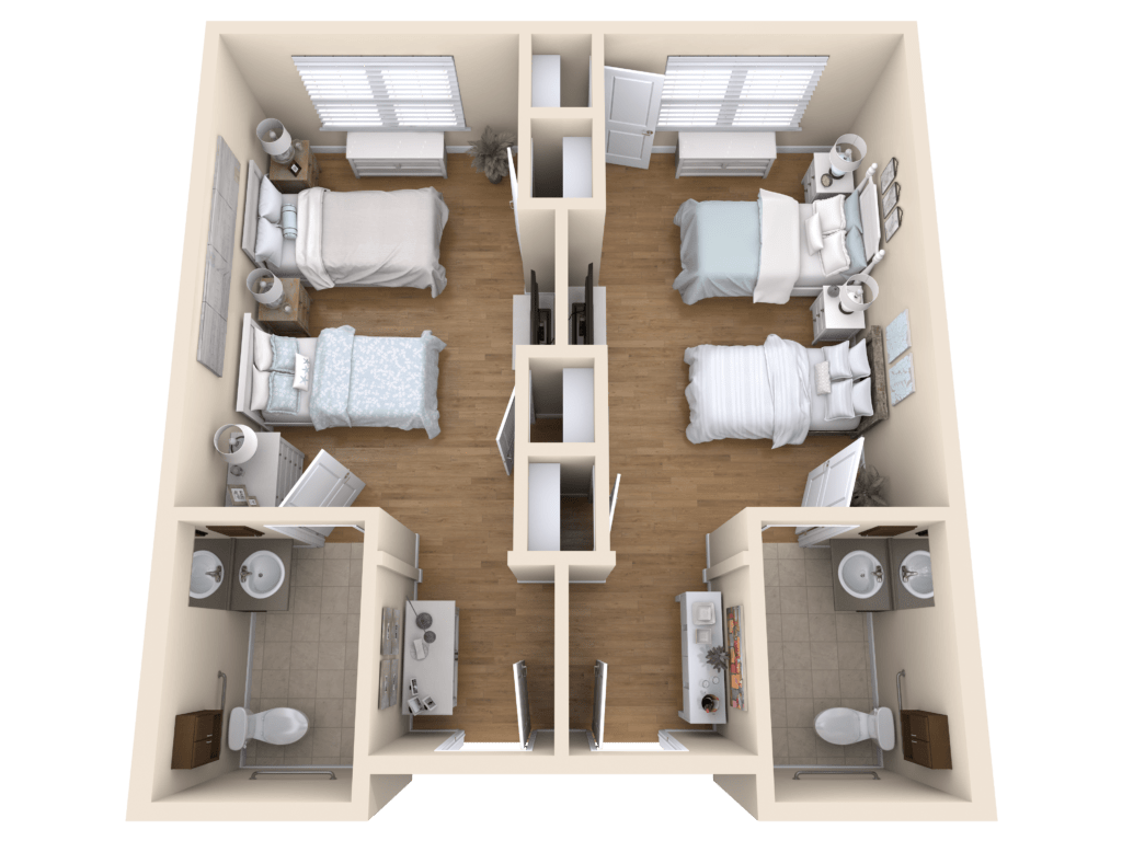 A floor plan of a dormitory-style apartment with two bedrooms and two bathrooms.