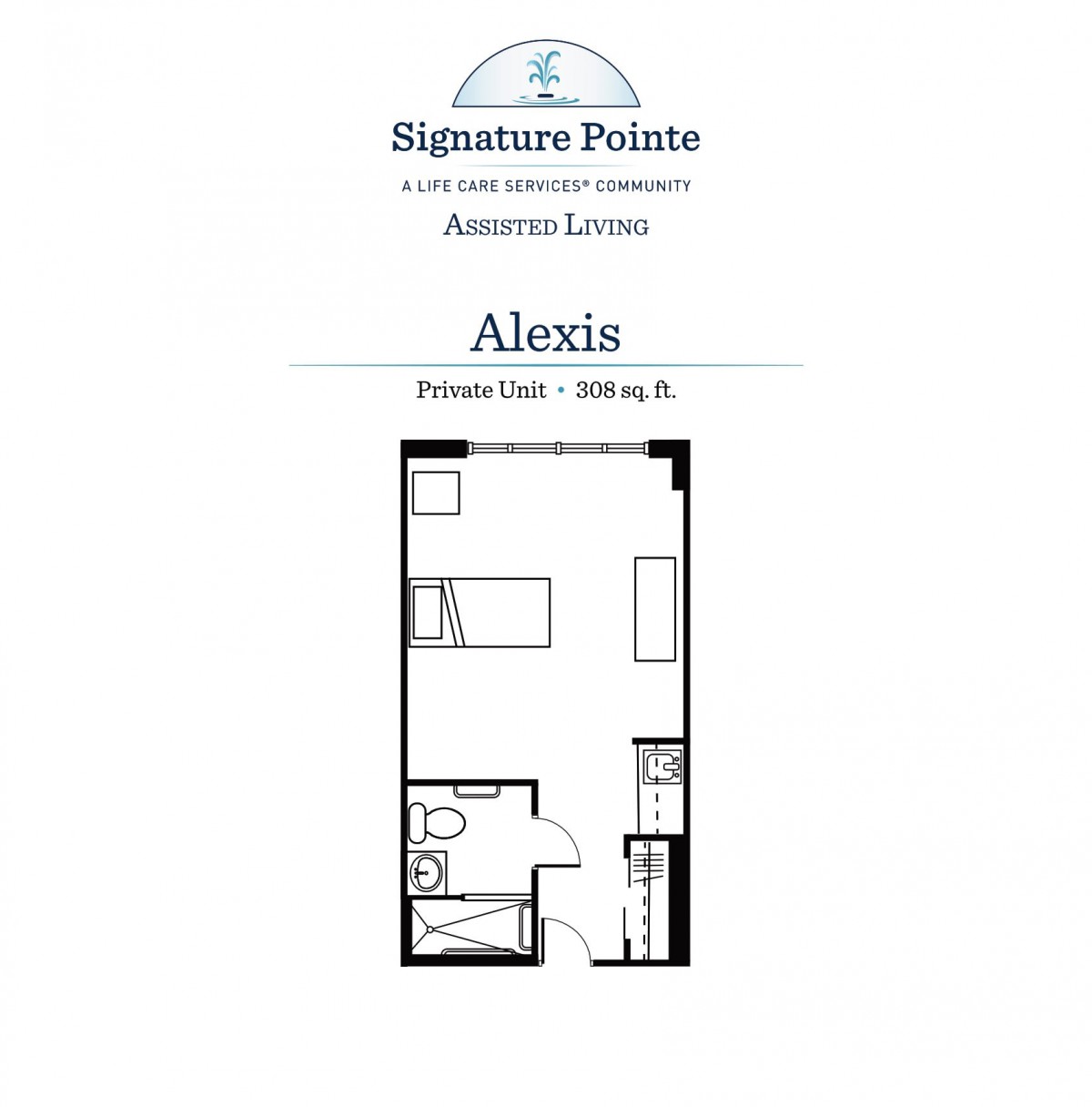 Floor plan of the Alexis apartment at Signature Pointe Assisted Living.