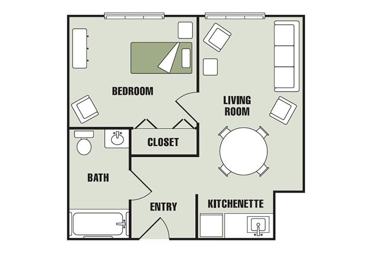 A compact apartment floor plan featuring a bedroom, bathroom, living room, and kitchenette.