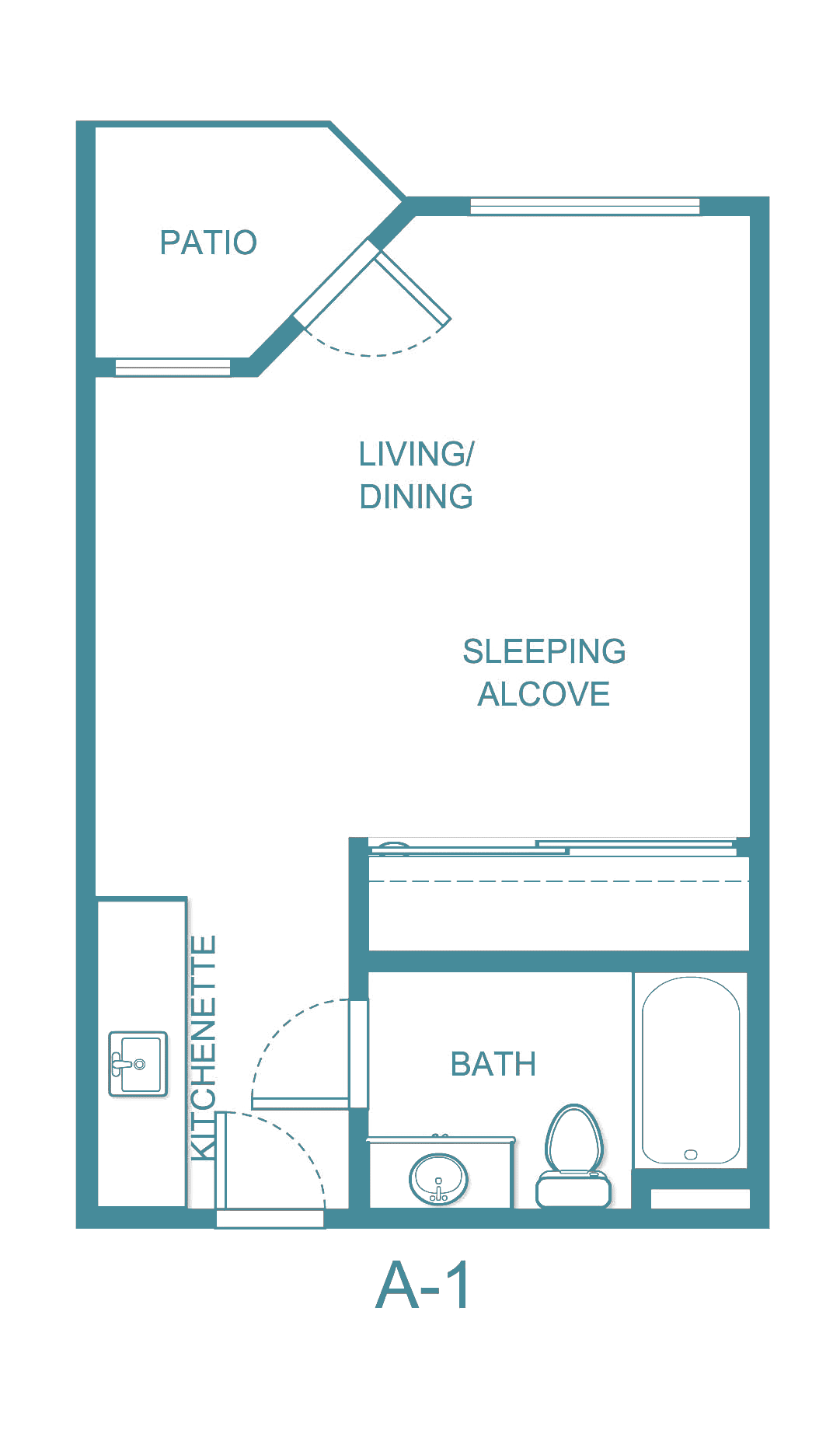 A floor plan of a studio apartment featuring a living/dining area, sleeping alcove, kitchen, and bathroom.