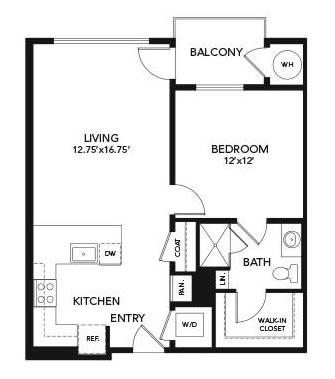 This is a floor plan of a one-bedroom apartment featuring a kitchen, living room, bathroom, and balcony.