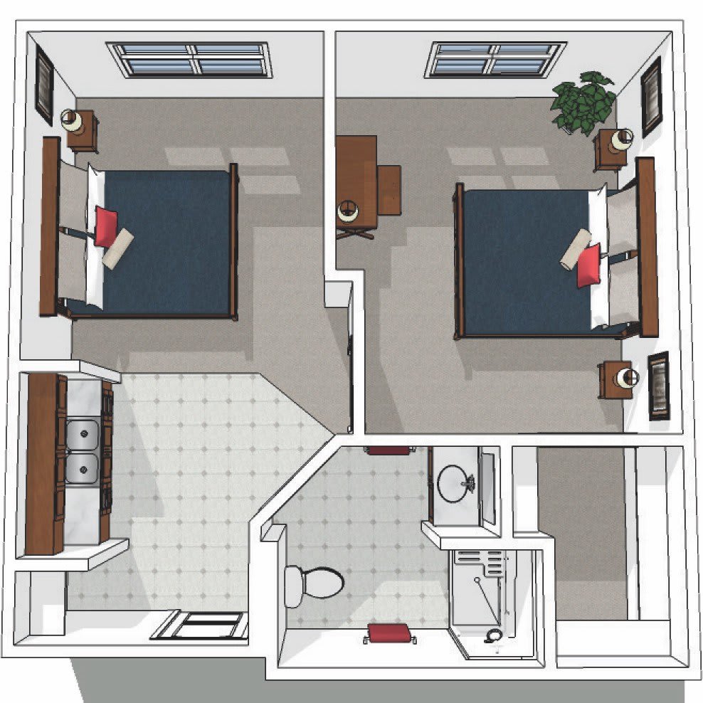 A simple floor plan of a two-bedroom apartment featuring a kitchen and bathroom.