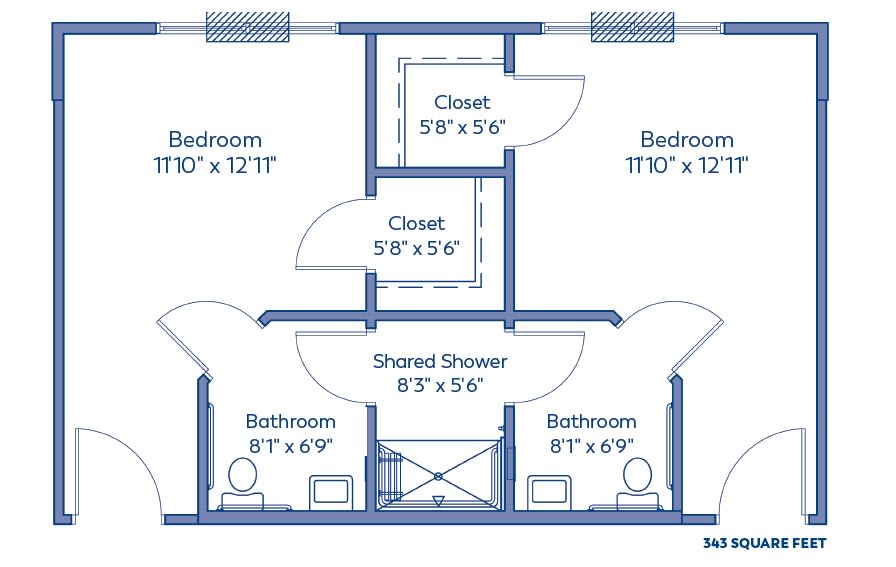 A floor plan layout featuring two bedrooms, each with an adjoining bathroom, and a shared shower area between them.