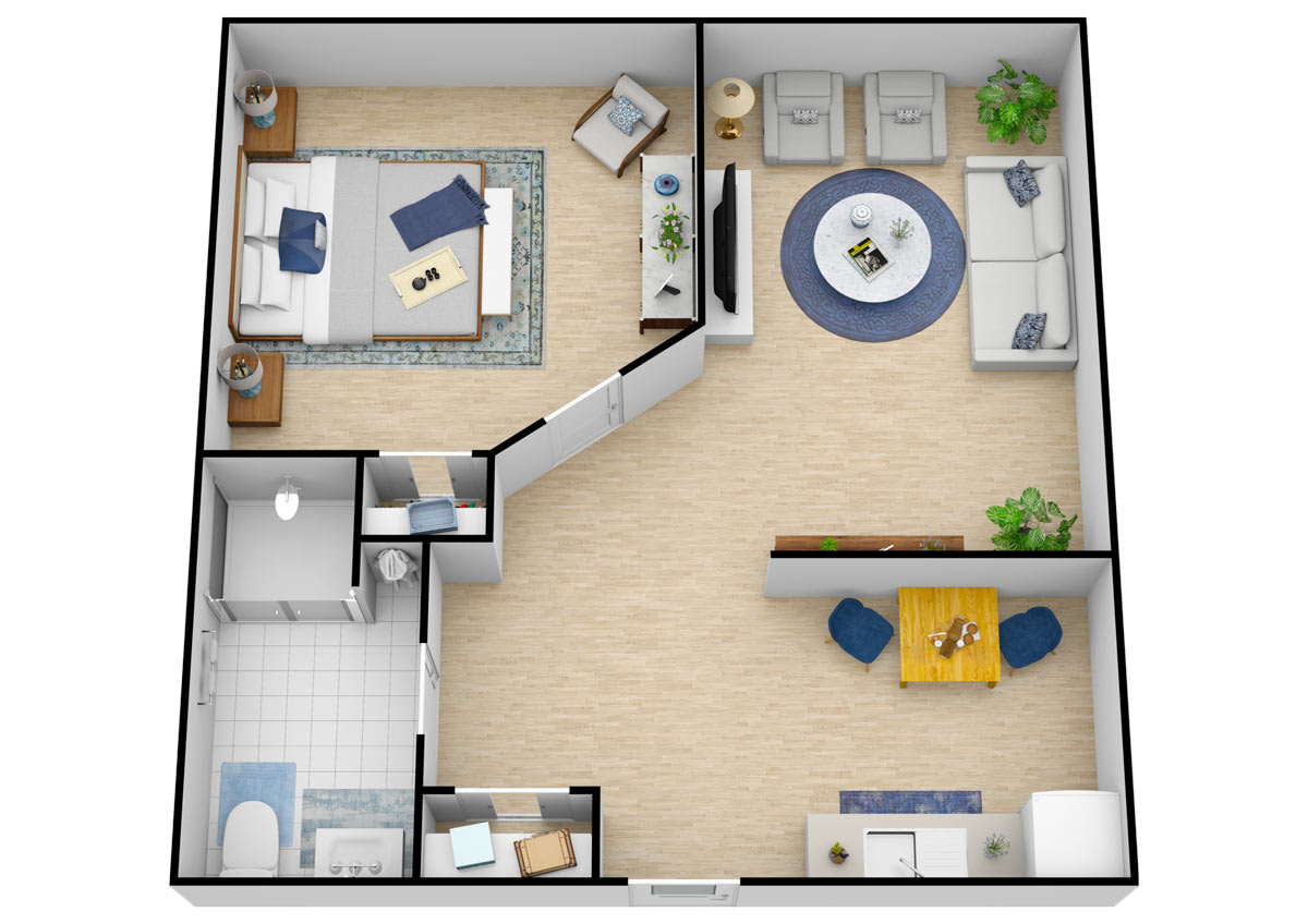 A 3D floor plan of a one-bedroom apartment featuring a living room, kitchen, and bathroom.