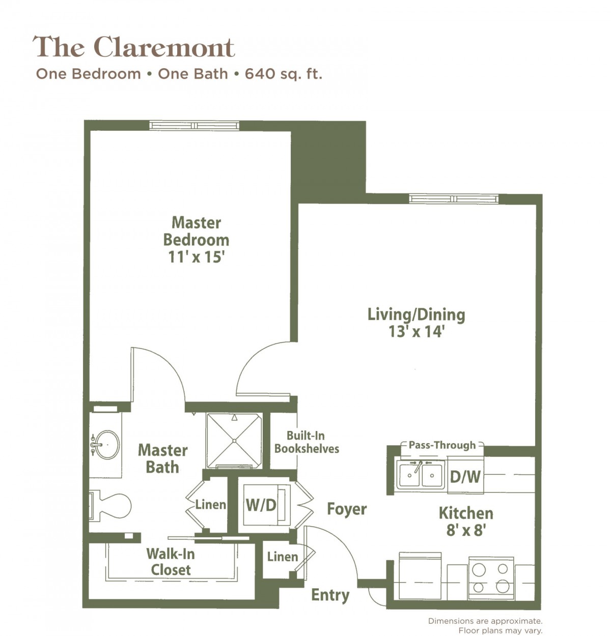 The Claremont: One Bedroom, One Bath Apartment Floor Plan (690 sq. ft.)