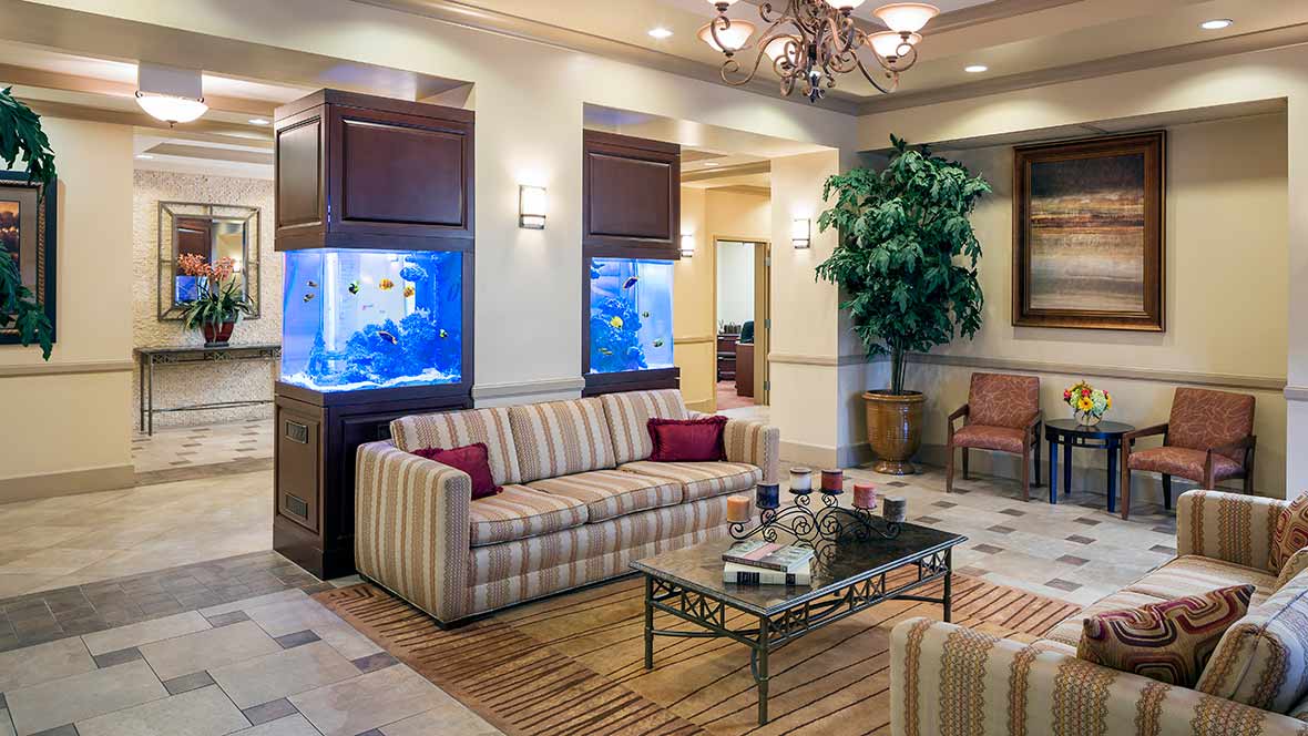 A cozy lobby area featuring a striped sofa, aquariums built into the walls, and a chandelier overhead.