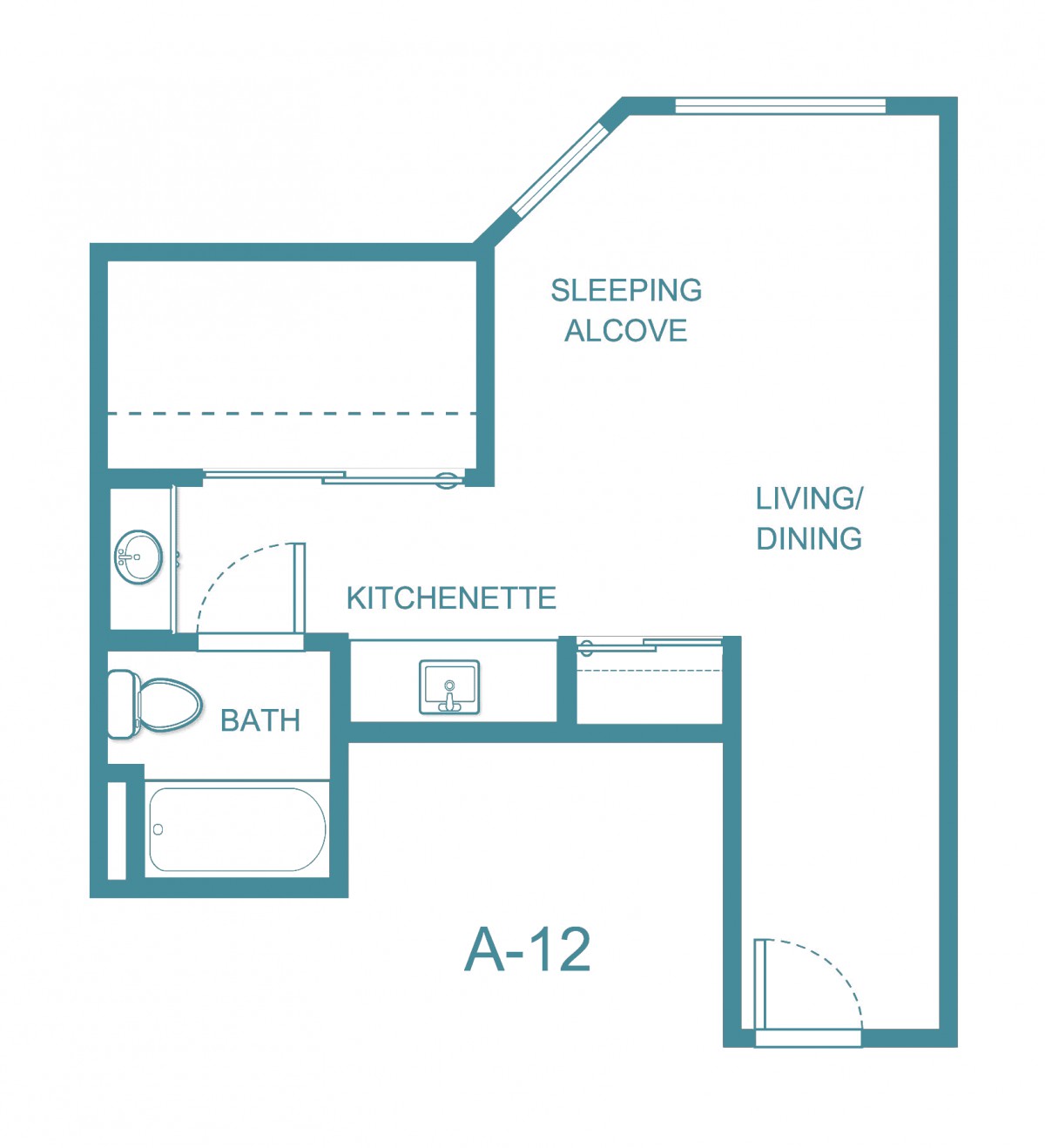 Studio apartment floor plan with sleeping alcove, living/dining area, kitchenette, and bathroom.