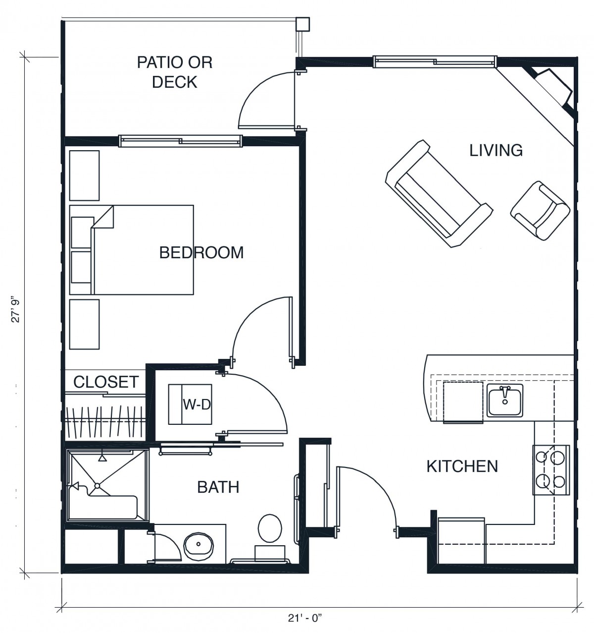 A detailed floor plan of a one-bedroom apartment featuring a patio, kitchen, living area, bathroom, and closet.
