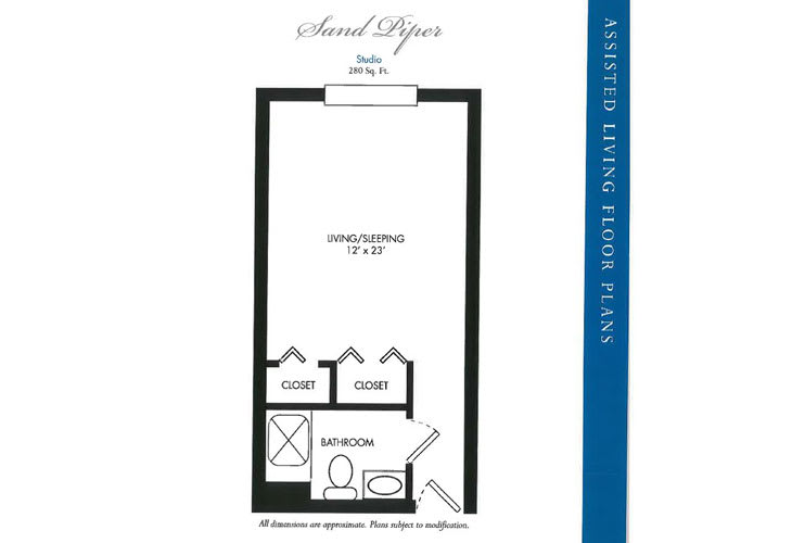 This image shows a floor plan for a studio apartment with designated areas for living, sleeping, and a bathroom.
