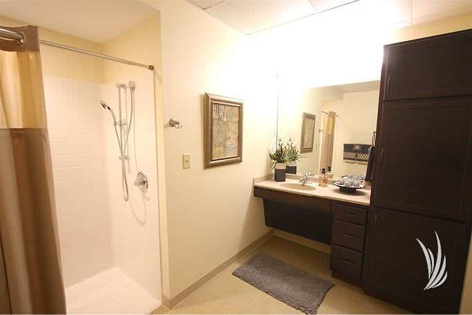 A modern bathroom with a shower area and vanity mirror.