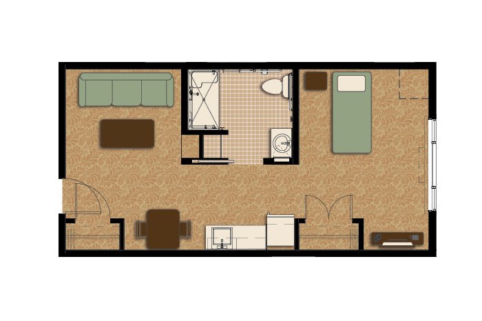 A floor plan of a studio apartment featuring a living area, kitchen, bathroom, and bedroom.