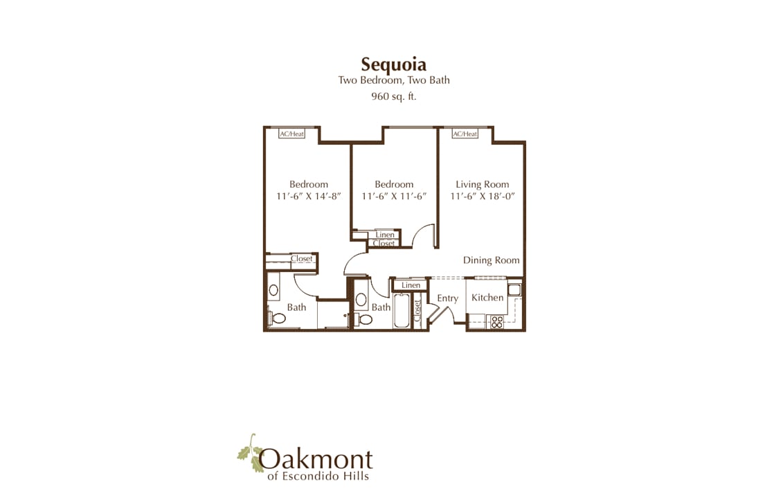 Sequoia floor plan featuring two bedrooms and two bathrooms at Oakmont of Lemon Grove.