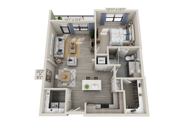 A detailed floor plan of a one-bedroom apartment showcasing the living room, kitchen, bedroom, and bathroom.