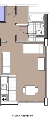 An apartment floor plan showing a bedroom, bathroom, and living area.