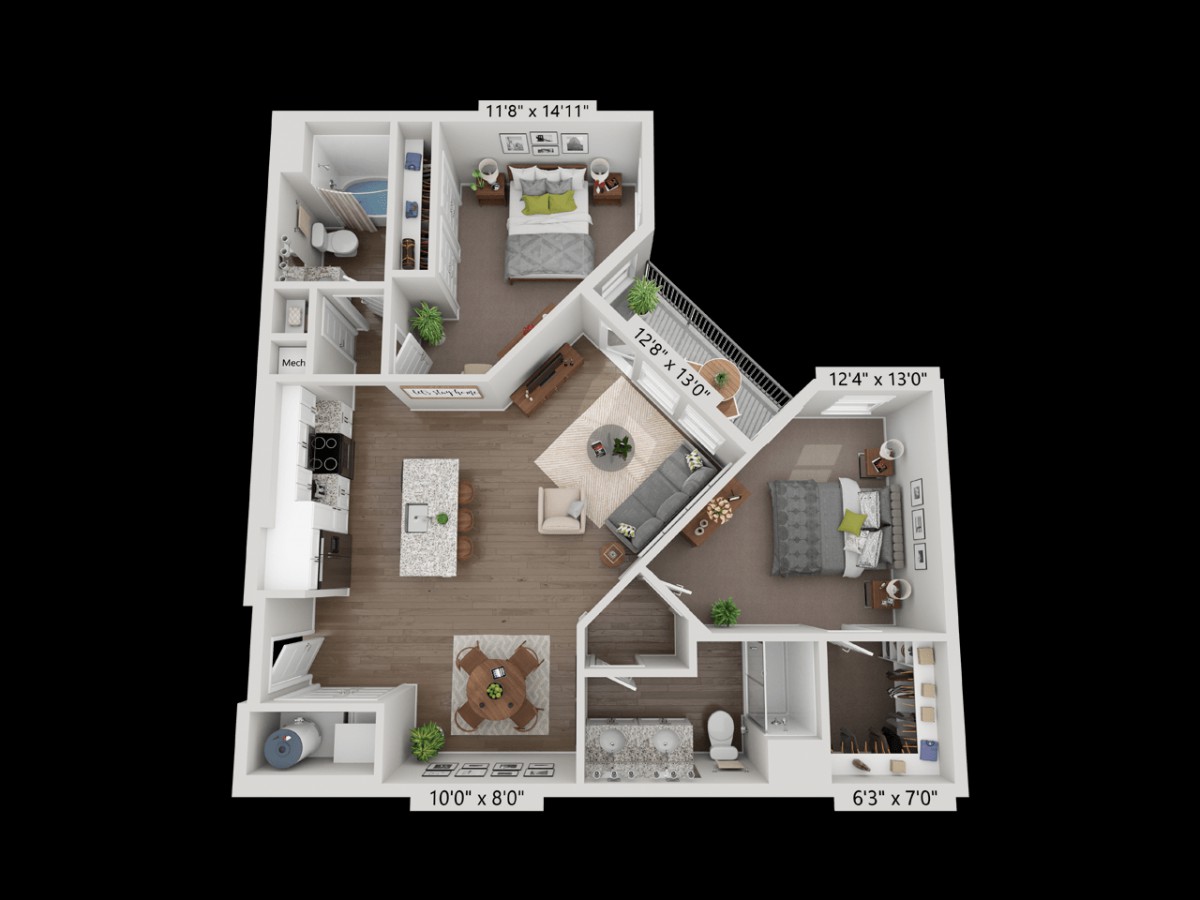 A 3D-rendered floor plan of a modern two-bedroom apartment.