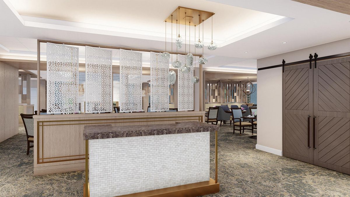 A modern reception area with elegant design elements and comfortable seating.