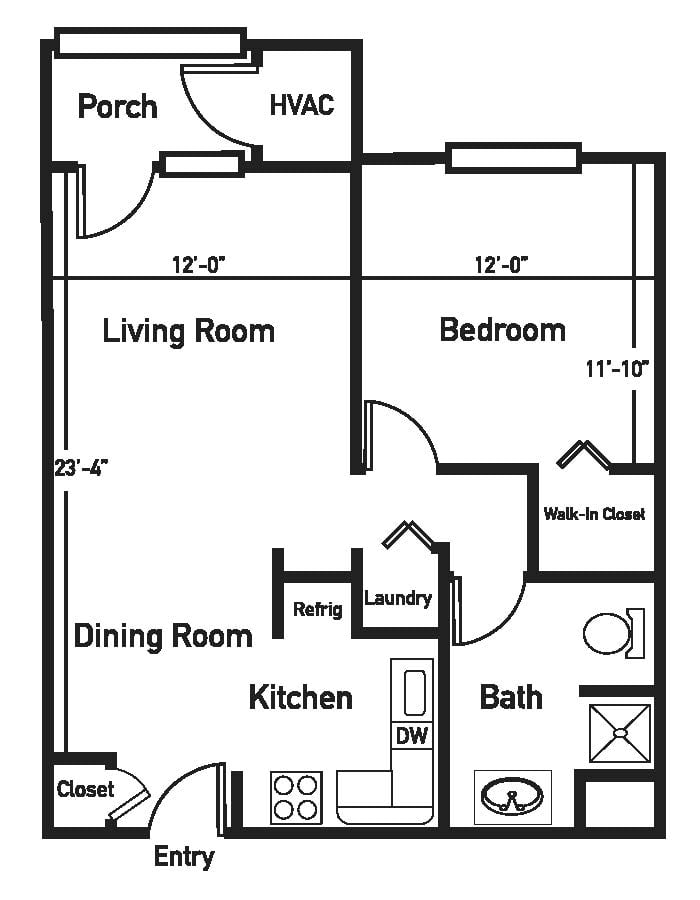 A floor plan of an apartment featuring a living room, bedroom, kitchen, dining room, bathroom, laundry area, and porch.