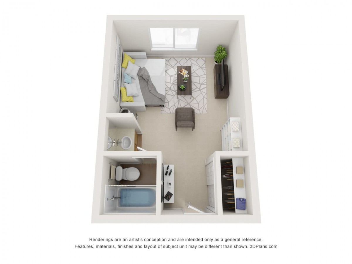 A 3D floor plan of a compact one-bedroom apartment featuring a bedroom, bathroom, and living space with furniture.
