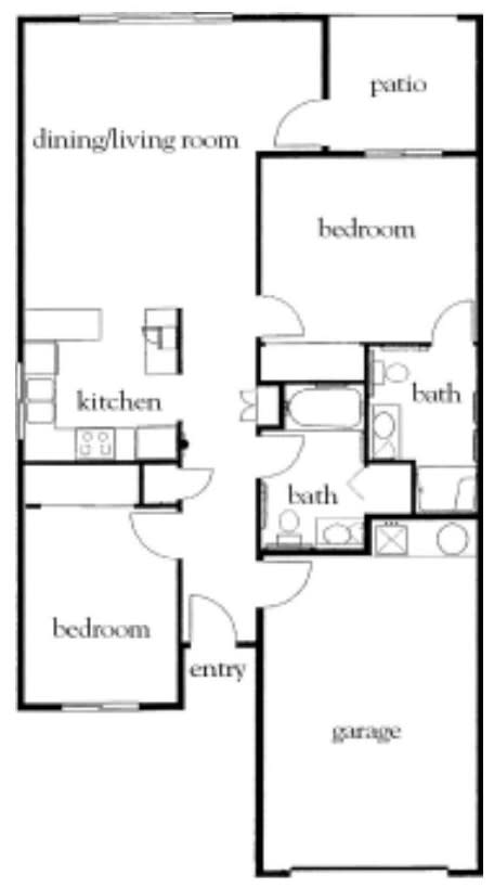 A floor plan of an apartment with two bedrooms, two bathrooms, a kitchen, and an entry area.