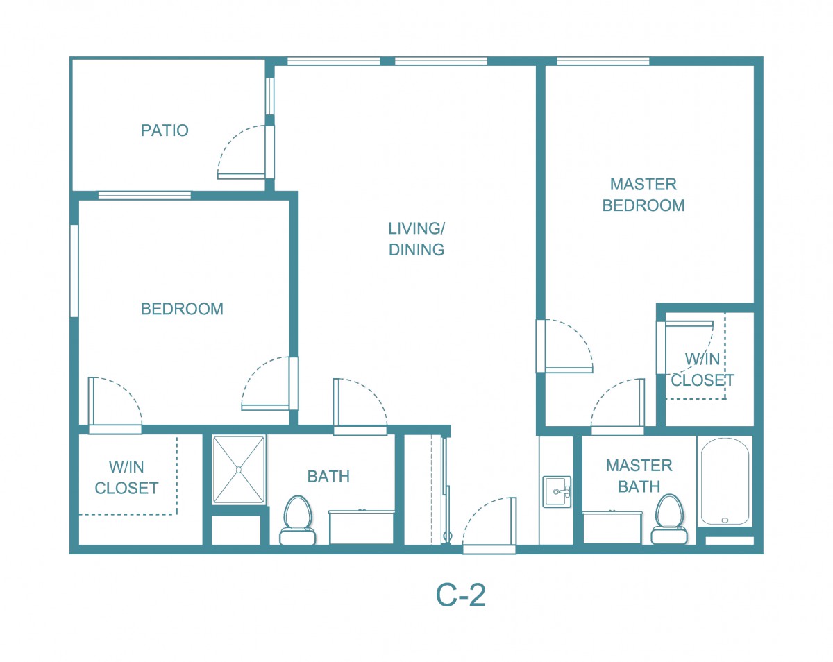 A blueprint of an apartment showcasing the layout with bedrooms, bathrooms, a kitchen, and living spaces.