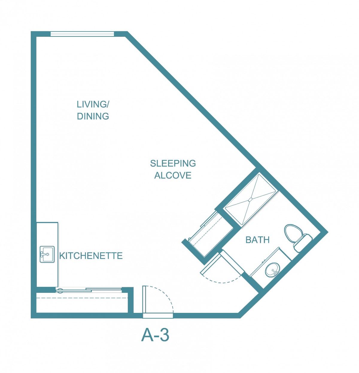 A floor plan of a studio apartment featuring a living area, kitchenette, sleeping alcove, and bathroom.