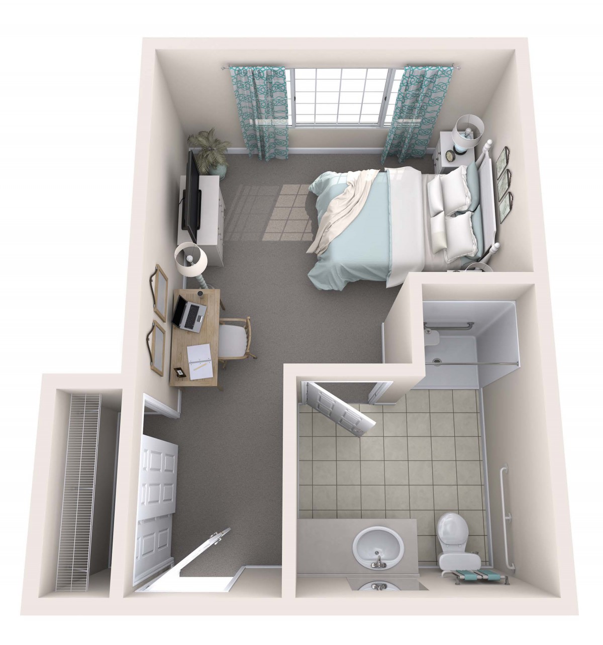 3D floor plan of a small apartment with a bedroom and bathroom.