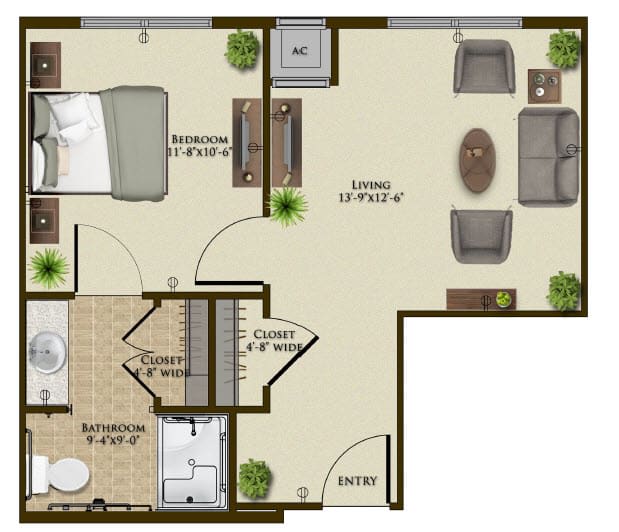 A one-bedroom apartment floor plan featuring a living room, kitchen, and bathroom.