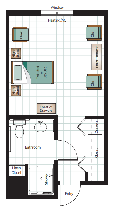 Floor plan of a bedroom with furniture placement, including a bed, desk, and bathroom.
