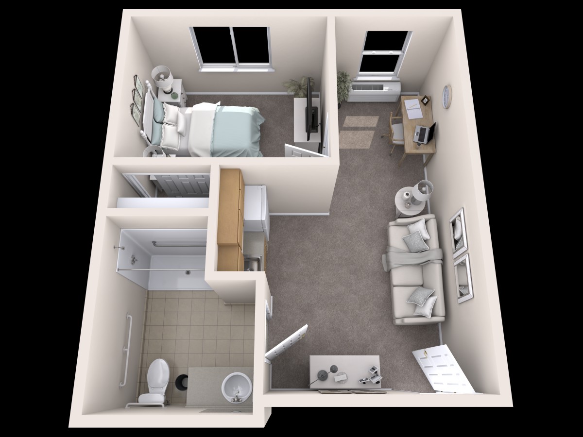 A 3D floor plan of a small apartment with a bedroom, living area, and bathroom.