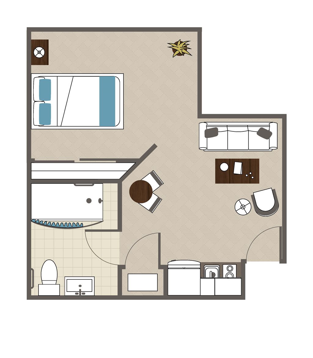 A floor plan of a studio apartment showing the layout of furniture and main areas.
