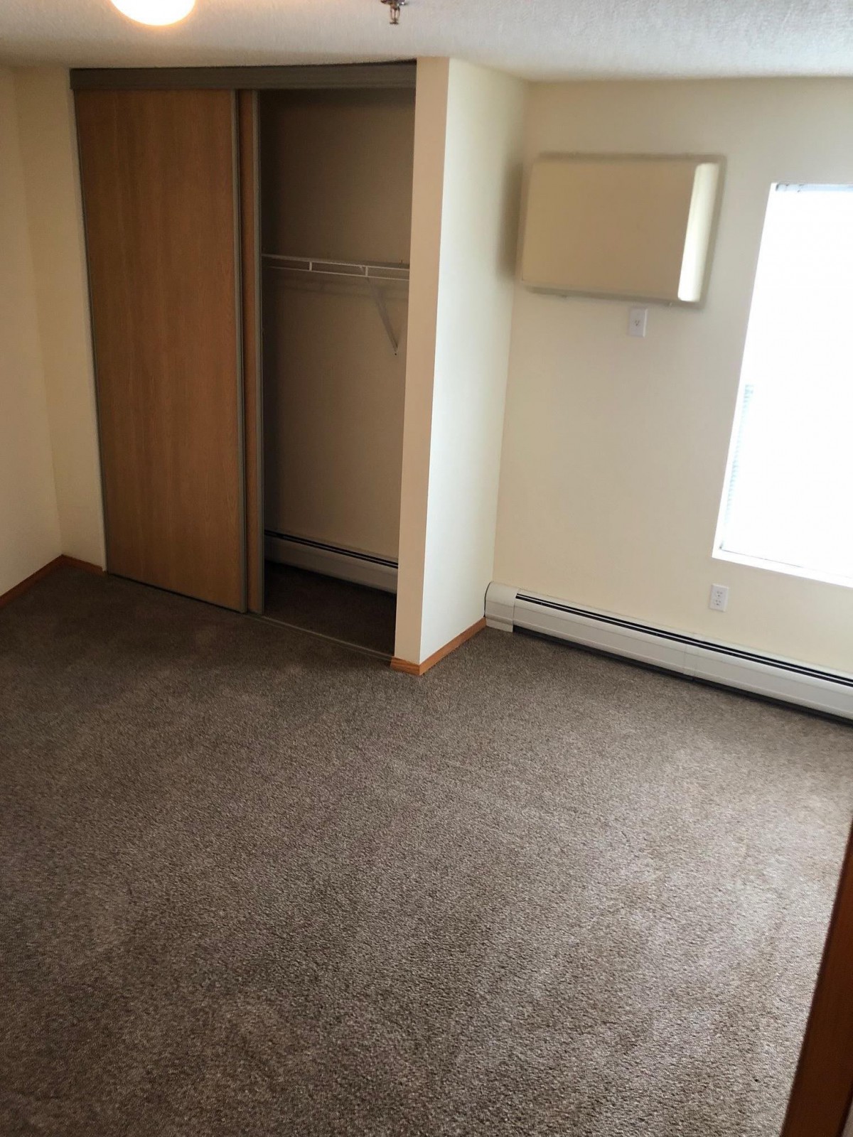 An empty room with a carpeted floor, open closet, and large window.