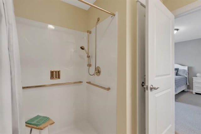 A bathroom featuring an accessible shower with grab bars and a handheld showerhead.