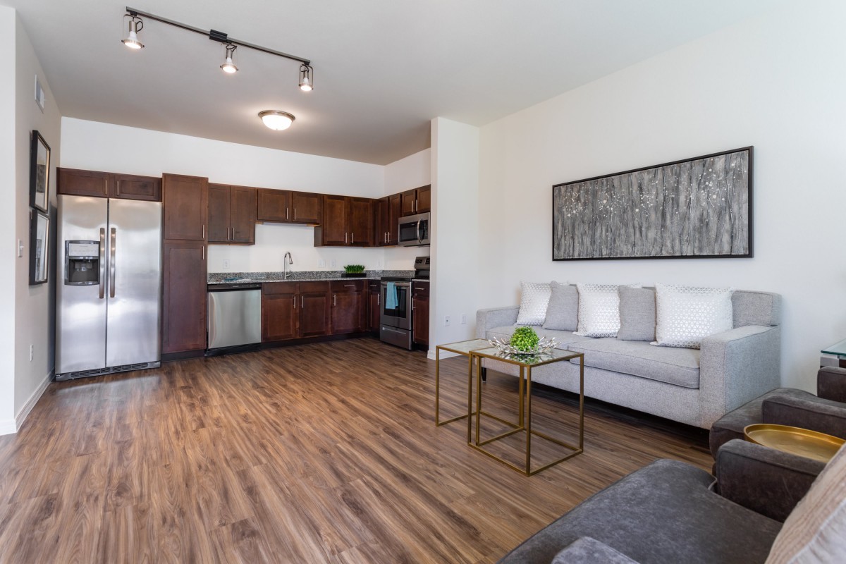 A modern apartment with an open floor plan featuring a living room and kitchen area, complete with wood flooring and contemporary furnishings.