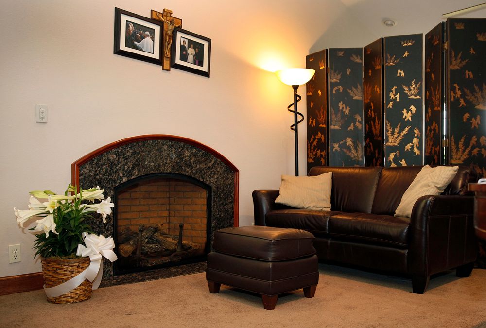 A cozy living room with a fireplace, leather couch, and decorative elements.