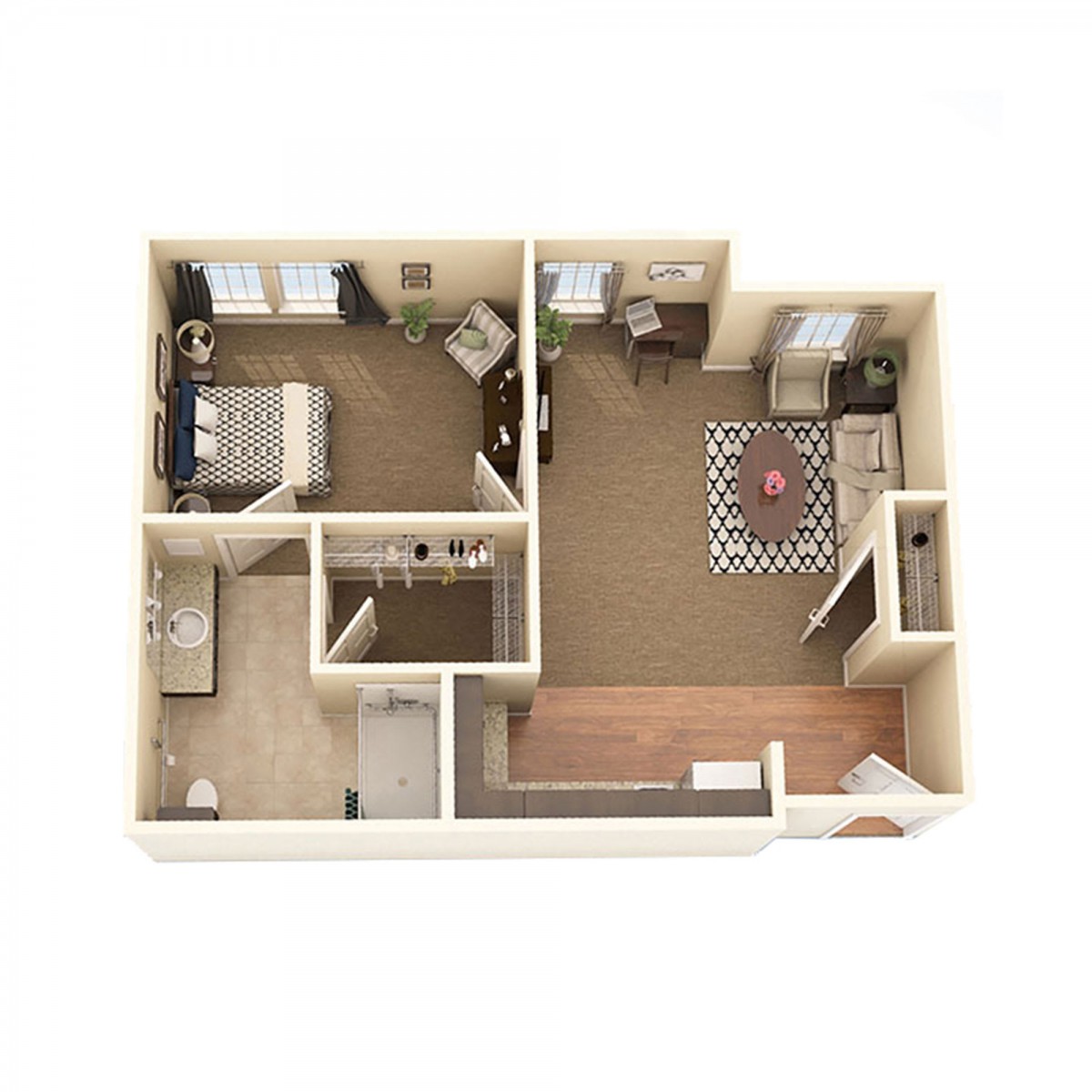 A 3D floor plan of a one-bedroom apartment with a living room, kitchen, and bathroom.