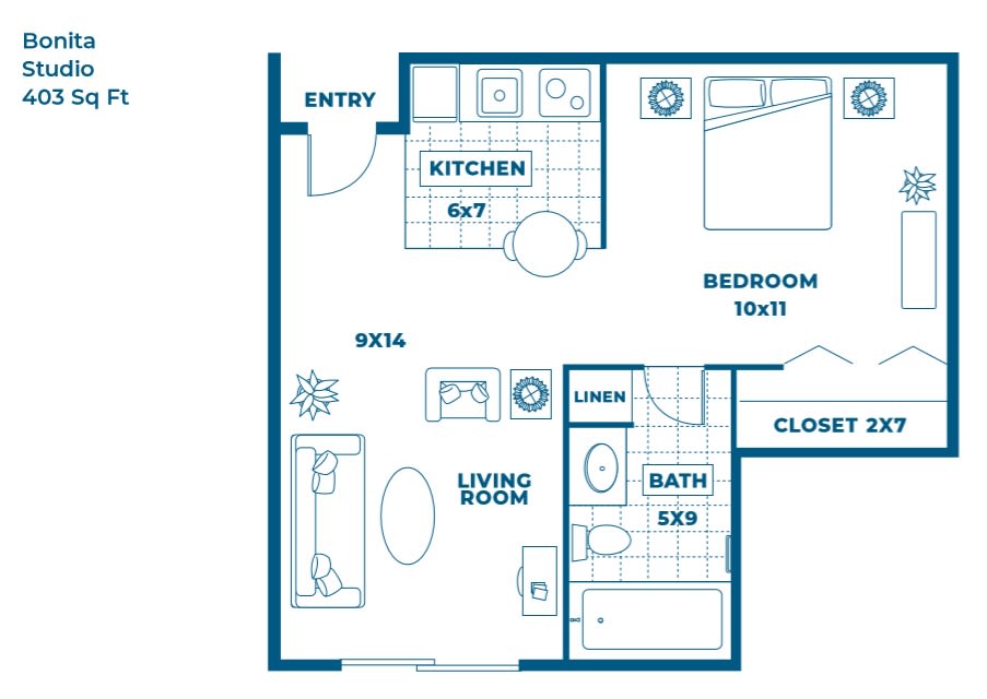 A compact 1-bedroom apartment floor plan featuring a kitchen, living room, bathroom, and closet.