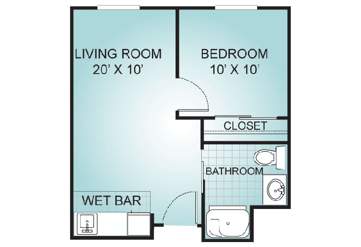 A simple floor plan of a one-bedroom apartment with a living room, bedroom, bathroom, closet, and wet bar.