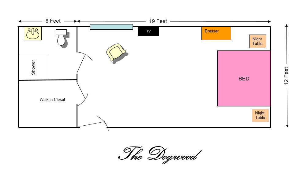 Floor plan of 'The Dogwood' showing furniture placement and room dimensions.